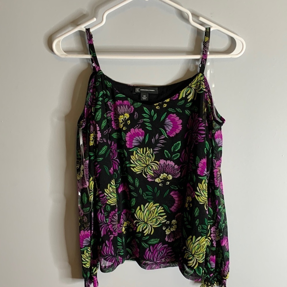 INC International Concepts Colorful Cold Shoulder lined, sheer sleeves Sz PM NWT